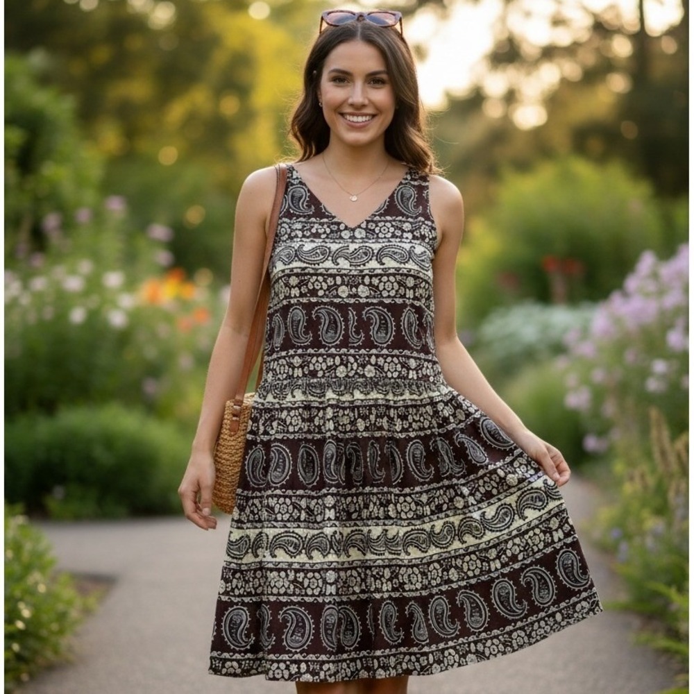 Dressbarn Womens 12 Brown Paisley Floral Cotton V-Neck Sleeveless Dress #300K - Picture 3 of 7